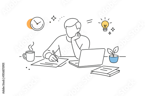 Minimal line art workspace. Focused scene of a person working at a desk with laptop and documents, drawn in simple continuous lines. Editorial illustration