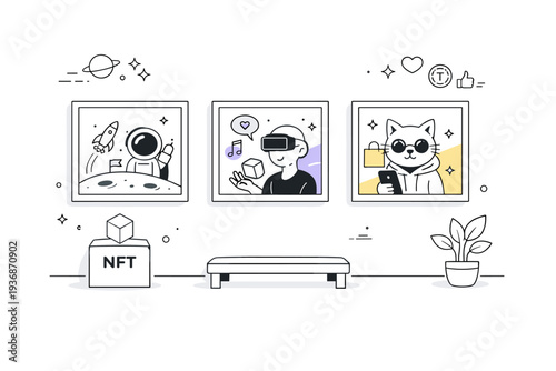 NFT art. Minimal gallery scene with digital artworks displayed in clean frames. Curated and premium mood emphasizing modern digital culture. Minimalist flat