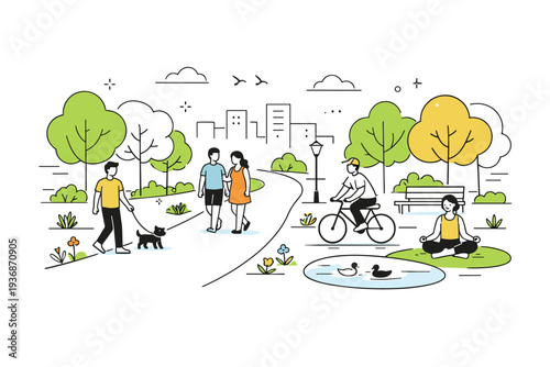 City parks and green corridors. People walk and relax along a tree-lined urban path connecting green spaces. Calm city-nature balance with soft movement and
