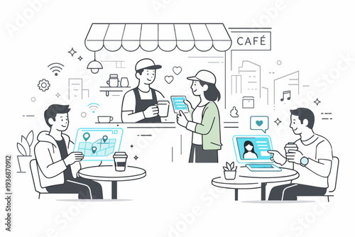 Neon cyberpunk style. A futuristic street cafe with people using holographic devices, showing everyday life in a tech-driven city. Relaxed interaction mixed