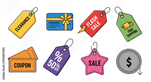 Colorful collection of sale tags coupons and a gift with a bow