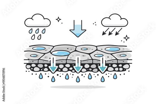 Pavement detail after rainfall. Wet porous sidewalk with visible drainage pattern and small puddle formations fading, soft icons of clouds, raindrops, and