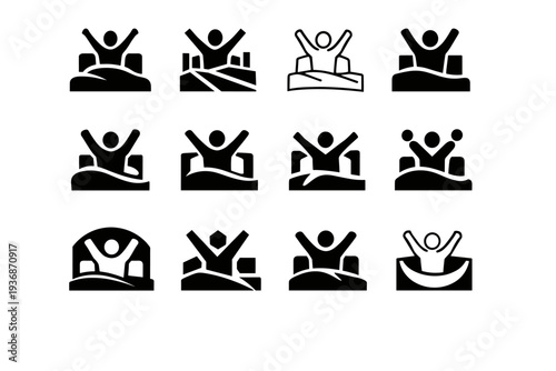 Stretching in bed. Icon set. Set Logo of Stretching in bed: silhouette waking stretch. harmonious logo variations of the same emblematic concept, each with