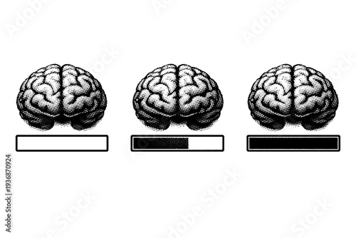 Brain loading bar ? frontal brain form combined with a rectangular progress bar shown unfilled, partially filled, and fully filled variations. Black and white