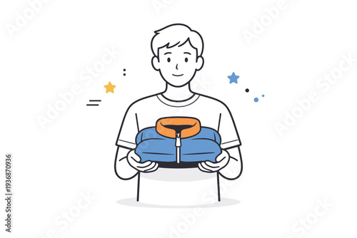 People holding jackets. A person holding a folded jacket in front of them with both hands, standing calmly. The mood feels neutral, patient, and quietly