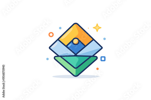 Modern geometric abstraction focused on structure and clarity using a central shape supported by smaller accents to create a refined editorial style symbol.