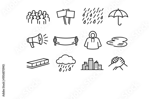 Rainy Street Protest. Line icon set of Rainy Street Protest: urban crowd, protest placards, rainfall pattern, umbrella silhouette, chanting