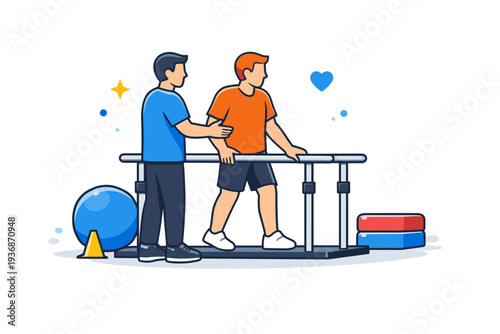 Rehabilitation therapy modern treatment environment with patient and therapist interacting near simple medical equipment, expressing guidance, safety and