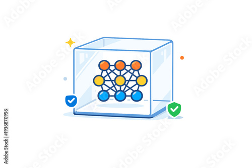 Transparent AI illustrated through a clear glass cube containing a simple neural network icon with visible connections. The scene communicates openness,