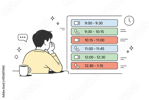 Back-to-back meetings. A person glancing at a screen filled with stacked time blocks and call icons, minimal movement and low energy posture. Clean editorial