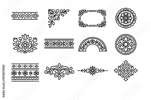 Folk Art Decorations. Line icon set of Folk Art Decorations: border trim, corner ornament, frame decoration, ceiling rosette, wall motif, textile border, arch