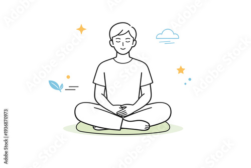 Stillness concepts. A person resting their hands on their lap, seated comfortably with a straight posture. Minimal environment and open background communicate