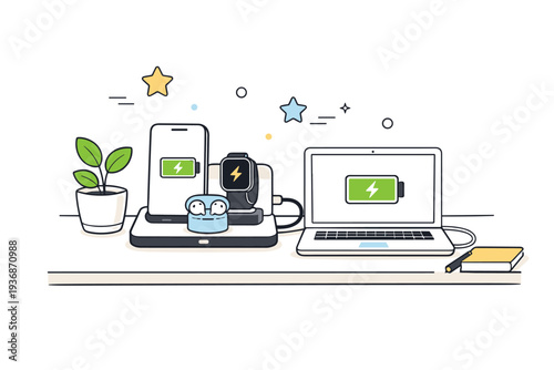 Charging station at home. A neat home desk features a small charging station powering multiple gadgets, soft floating stars and dots adding friendly, calm