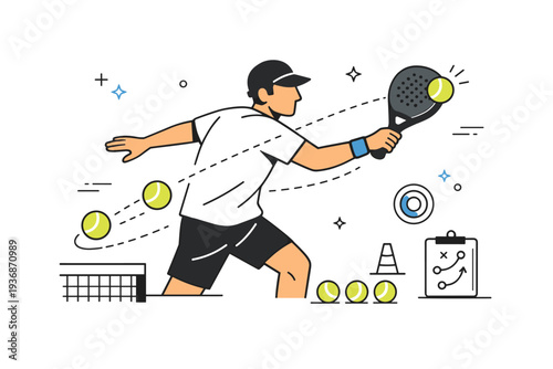 Padel court training sessions. A close-up action scene showing a player practicing controlled forehand shots, ball motion lines emphasizing rhythm. Precision,