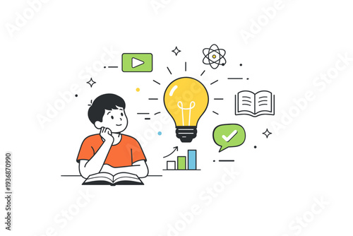 Light bulb idea metaphor in learning. A student looking at a light bulb appearing next to simple diagrams or symbols. Understanding, discovery, and confidence