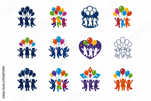 Children having fun at birthday parties. Icon set. Set Logo of Children having fun at birthday parties: colorful balloons bunch. harmonious logo variations of