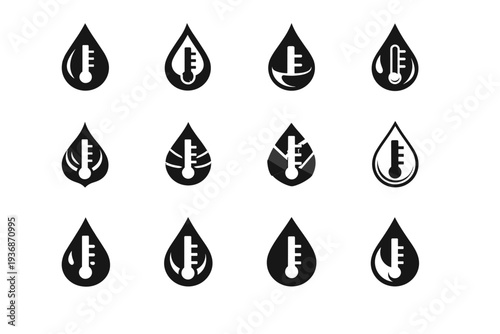 Oil check chart. Icon set. Set Logo of Oil check chart: oil drop with scale. harmonious logo variations of the same emblematic concept, each with different