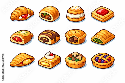StuffedPastries. Colorful isometric vector icons set of stuffed pastries: croissant with filling, stuffed bun, cream puff, jam pastry, cheese pastry, chocolate