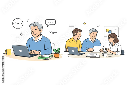 Gray hair everyday normality at work. An older employee sits at a desk or collaborates quietly with colleagues, focused and composed. The atmosphere shows