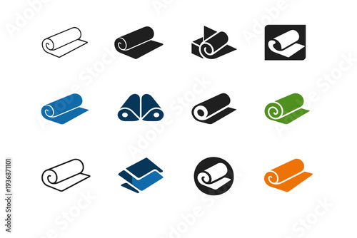 Mat. Icon set. Set Logo of Mat: yoga mat rolled. harmonious logo variations of the same emblematic concept, each with different artistic interpretation