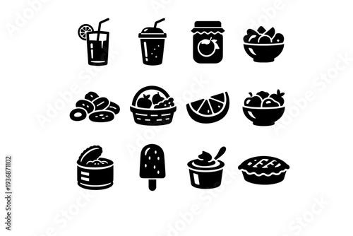Fruit Products. Solid icon set of Fruit Products: fruit juice, smoothie, fruit jam, fruit salad, dried fruits, fruit basket, fruit slice, fruit bowl, canned