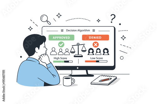 Algorithmic discrimination. A calm editorial scene of a person looking at a decision screen with unequal outcomes highlighted. Sense of concern, reflection,