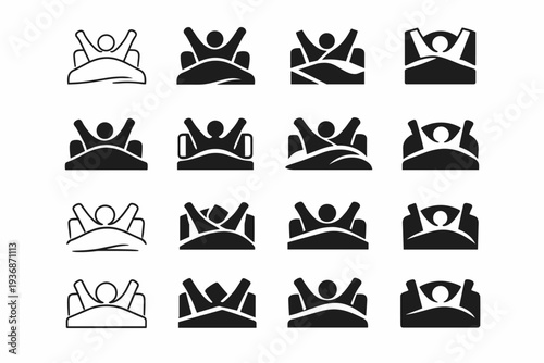 Stretching in bed. Icon set. Set Logo of Stretching in bed: person stretching under blanket. harmonious logo variations of the same emblematic concept, each