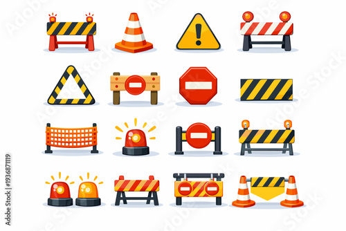 warning zone. Colorful flat vector icons set of warning zone: caution barrier, hazard cone, warning sign symbol, blocked pathway, danger area outline, striped