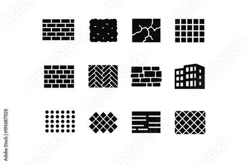 Building Texture. Solid icon set of Building Texture: brick pattern, surface texture, rough wall, repeating bricks, material texture, facade pattern,