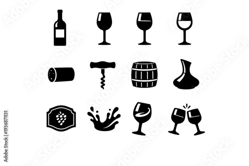 Wine. Solid icon set of Wine: wine bottle, wine glass, red wine glass, white wine glass, wine cork, corkscrew, wine barrel, wine decanter, wine label, wine