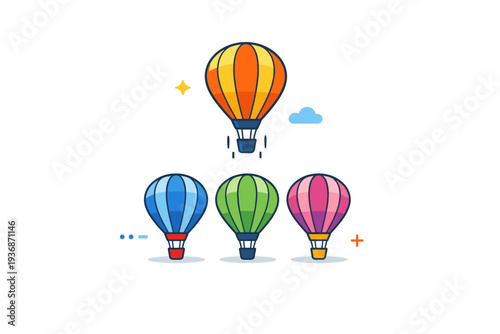 Hot air balloons symbolizing personal growth with one balloon clearly rising higher than the rest. A modern metaphor of aspiration, confidence, and upward
