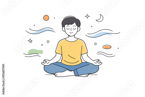 Mindfulness and slow moments. Person sitting quietly with closed eyes, calm breathing and relaxed posture. Soft waves, dots, and gentle shapes floating around,