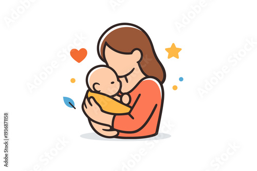 Baby in mother?s arms symbolizing family love and early connection with minimal facial features and gentle surrounding accents. A warm and inclusive concept