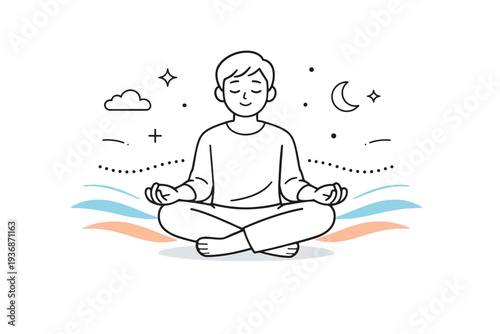 Emotional balance in uncertainty. A seated person breathing calmly, small waves and dots around the body suggesting inner stability. Quiet moment of