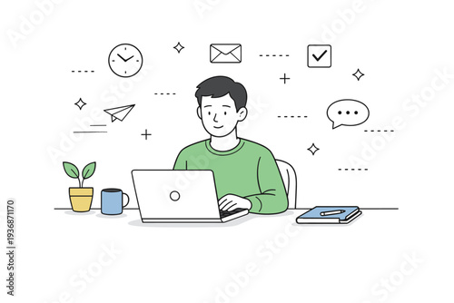 Quiet quitting at work. A person sitting calmly at a desk, laptop open, maintaining focus without visible stress or rush. Scene reflects emotional distance,