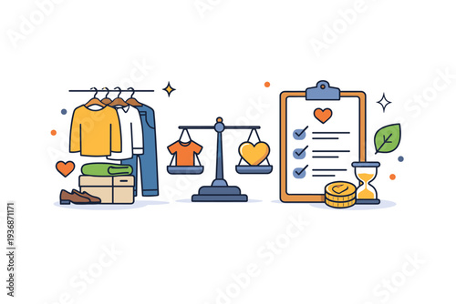 Conscious fashion choices highlighting quality over quantity and long term value in clothing decisions. A modern visual metaphor of simplicity, intention, and