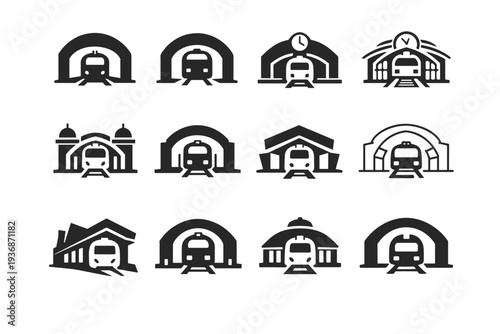 transportation hubs. Icon set. Set Logo of transportation hubs: train station. harmonious logo variations of the same emblematic concept, each with different