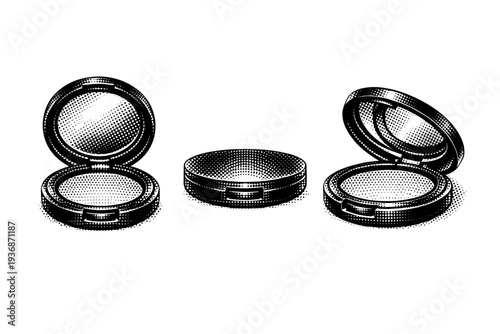 Compact powder makeup icon. A single compact powder makeup icon shown in three views: front view, side view, and three-quarter view, clearly showing circular