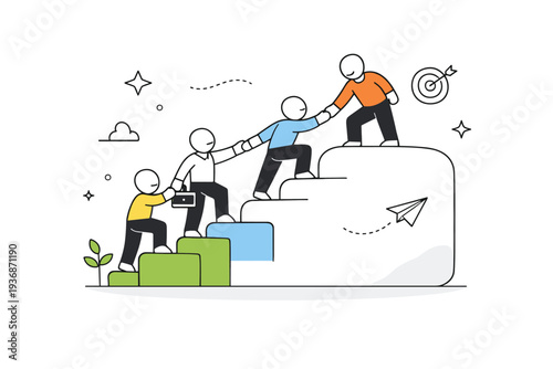 Leadership growth concept. A figure helping others climb abstract steps or shapes, symbolizing support and development. Friendly motivational mood with visual