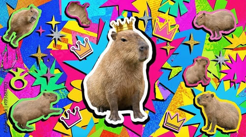 Capybara with crown sticker art on a colorful background. Fun pop art style graphic for children?s event decorations or party designs.
