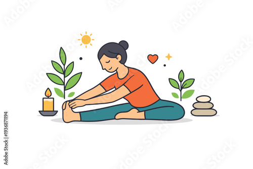 Yoga lifestyle calm daily moment with a person practicing gentle poses among plants and soft light, expressing balance, mindfulness, and inner harmony.