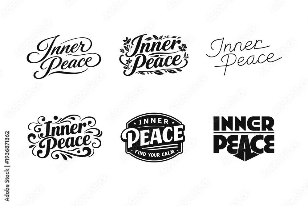 Obraz premium Inner Peace. Set lettering. harmonious lettering variations of the same emblematic concept, each with different artistic interpretation (Elegant script with