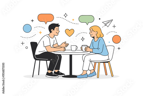 Rebuilding social connections. A calm scene of two people reconnecting over a casual conversation, sitting across a small table. Friendly eye contact, relaxed