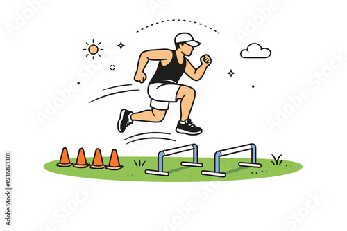 Plyometric training on grass. Minimal flat-lay of a person jumping over cones and small hurdles on grassy field, with subtle motion lines indicating movement.