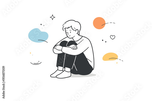 Inner modern loneliness. A calm character sitting with knees hugged, abstract shapes gently floating around. Reflective mood without drama, soft emotional
