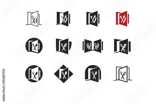 Hair salon door open. Icon set. Set Logo of Hair salon door open: salon storefront door ajar. harmonious logo variations of the same emblematic concept, each