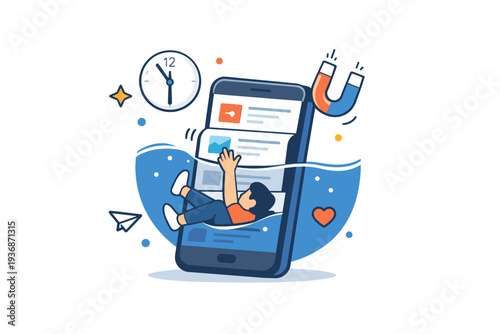 Infinite scroll concept illustrating continuous content flow and difficulty of stopping app usage. A symbolic visual metaphor of immersion, time loss, and