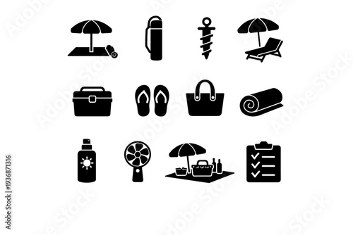 Beach equipment essentials. Solid icon set of beach equipment essentials: umbrella and mat set, portable umbrella bag, sand anchor screw, beach chair under