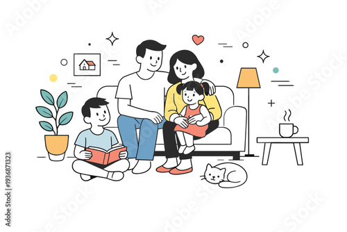 Family greeting card home scene. A minimal interior with a family gathered in a cozy space, expressing warmth and everyday happiness. Gentle, welcoming mood