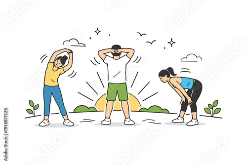 Morning stretching routine. Individuals stretching arms and backs in an open green space, with rising sun icons and slow motion lines indicating ease and flow.